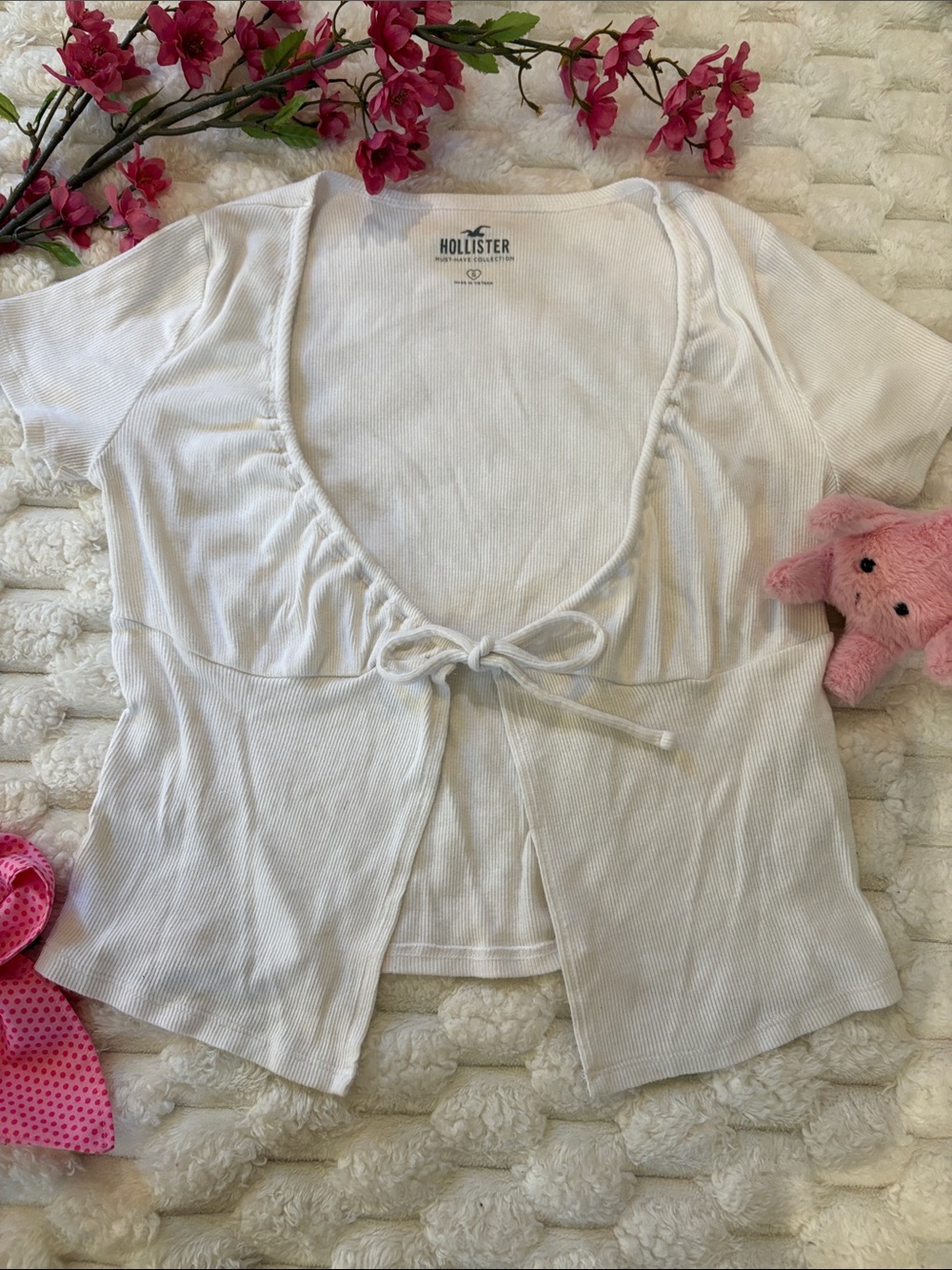 Hollister White Short Sleeve Tie-Front Ribbed Crop Top